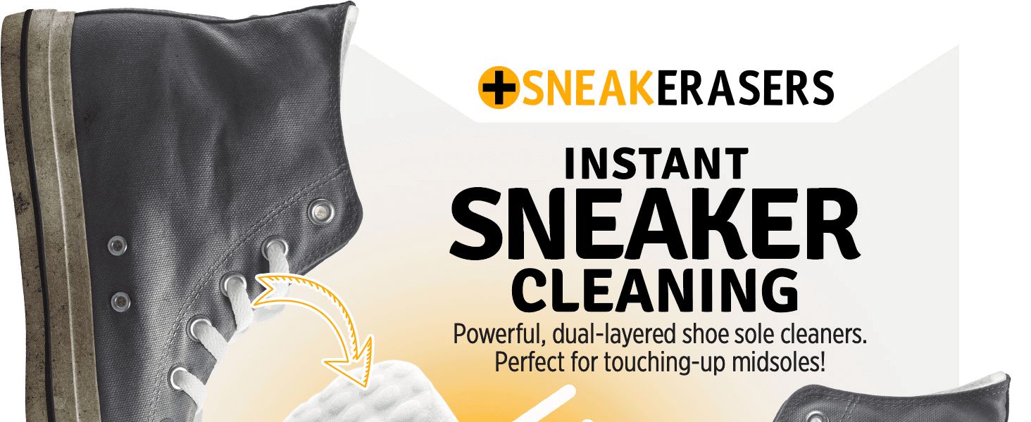 Introduces the SneakERASERS brand and its instant sole-cleaning promise, so shoppers see what the product does straight away.