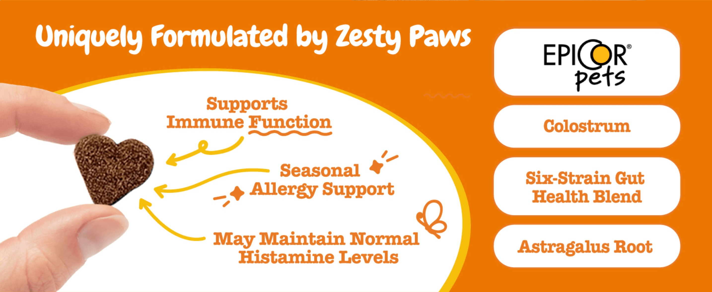Highlights multiple functional benefits (immune support, allergy support, histamine levels) and the key ingredients behind them to build confidence in efficacy.
