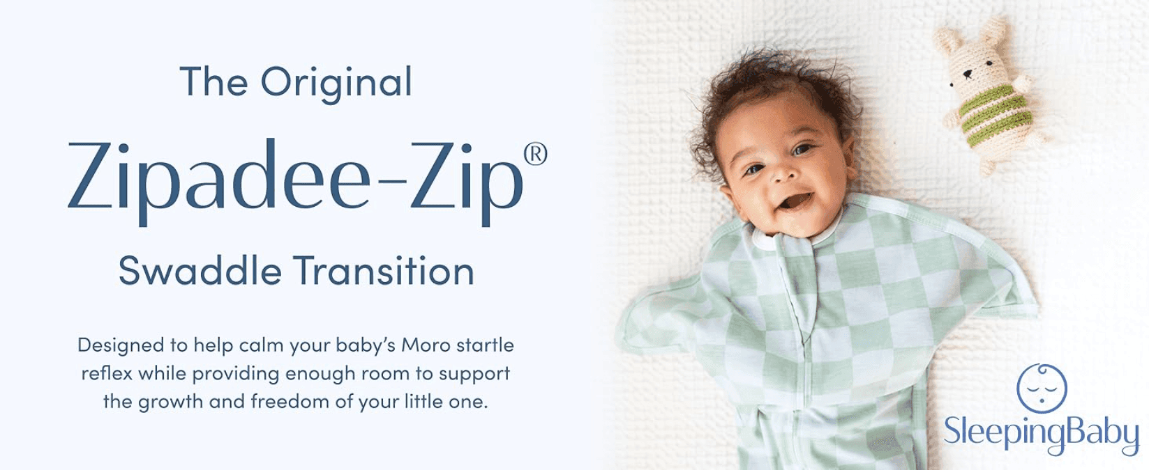 Explains that the Zipadee-Zip helps calm a baby's Moro startle reflex while allowing room to move, reassuring parents of better sleep. Positions the Zipadee-Zip as 'The Original' to build brand…