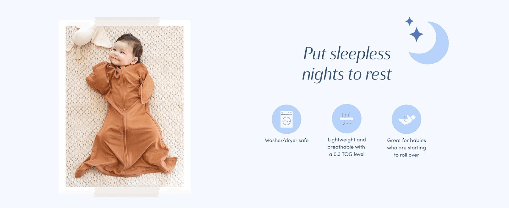 Highlights three practical benefits (washer/dryer safe, lightweight breathability, roll-over safety) to reassure parents the swaddle transition sack is easy and safe to use.