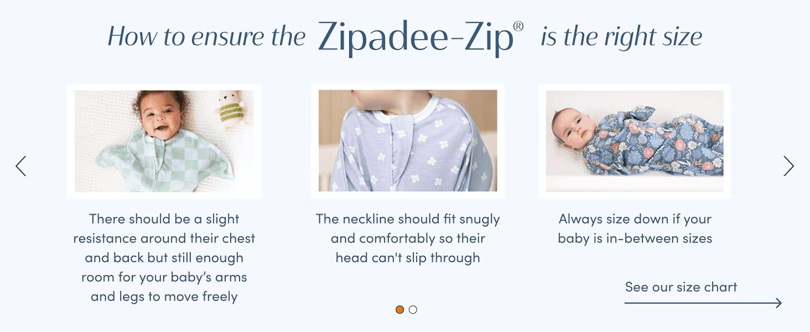 Guides shoppers through checking fit at the chest, neckline, and overall size to help them pick the correct size and avoid returns.