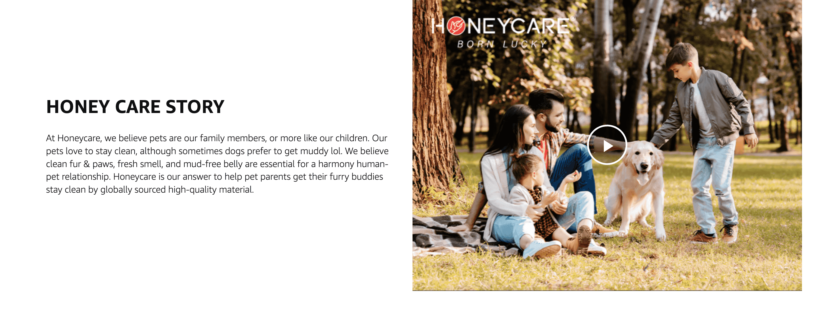 Shares the brand's origin and values around caring for pets like family to build emotional trust with shoppers.