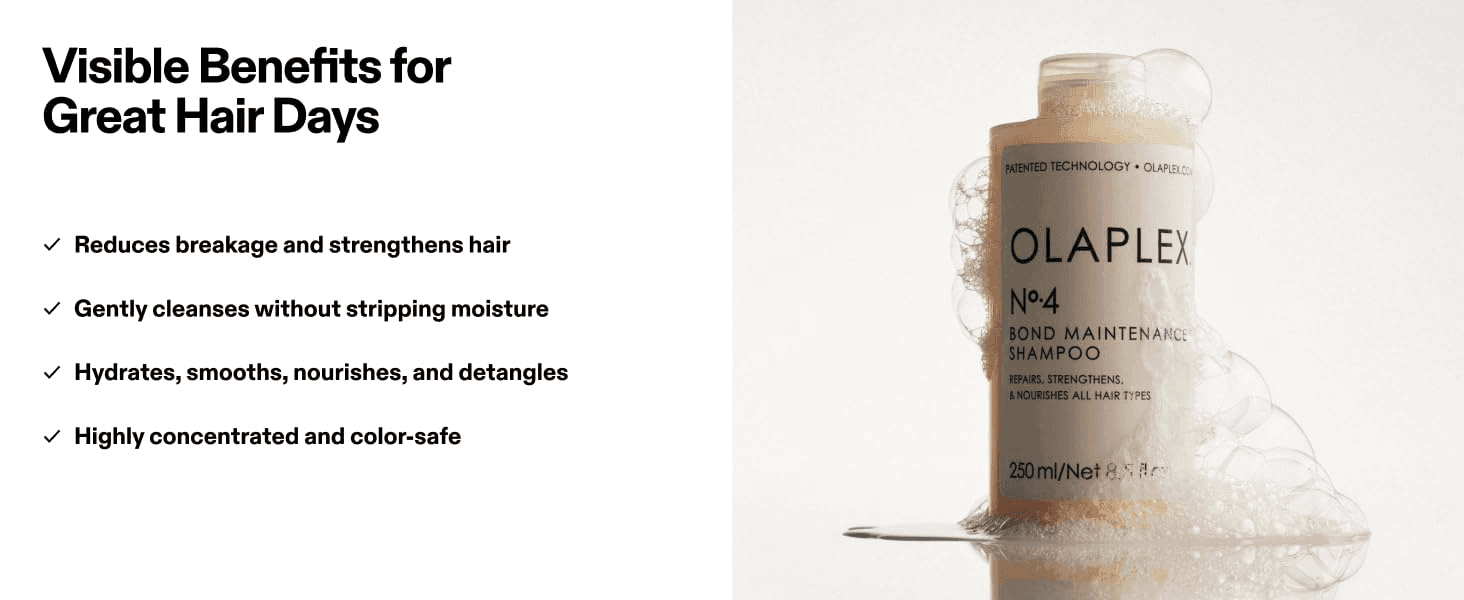 Lists four distinct hair benefits alongside the product to summarize why it delivers great hair days.