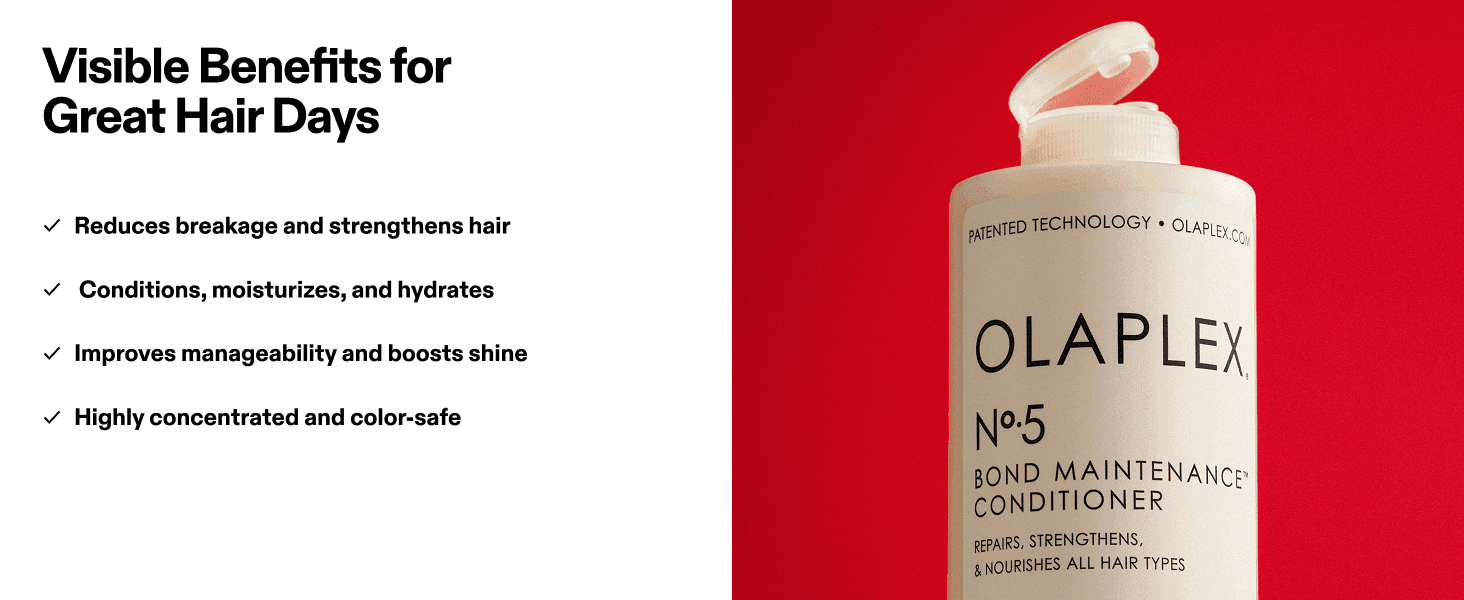 Lists four distinct hair benefits in a checkmark format to show the range of results the conditioner delivers.