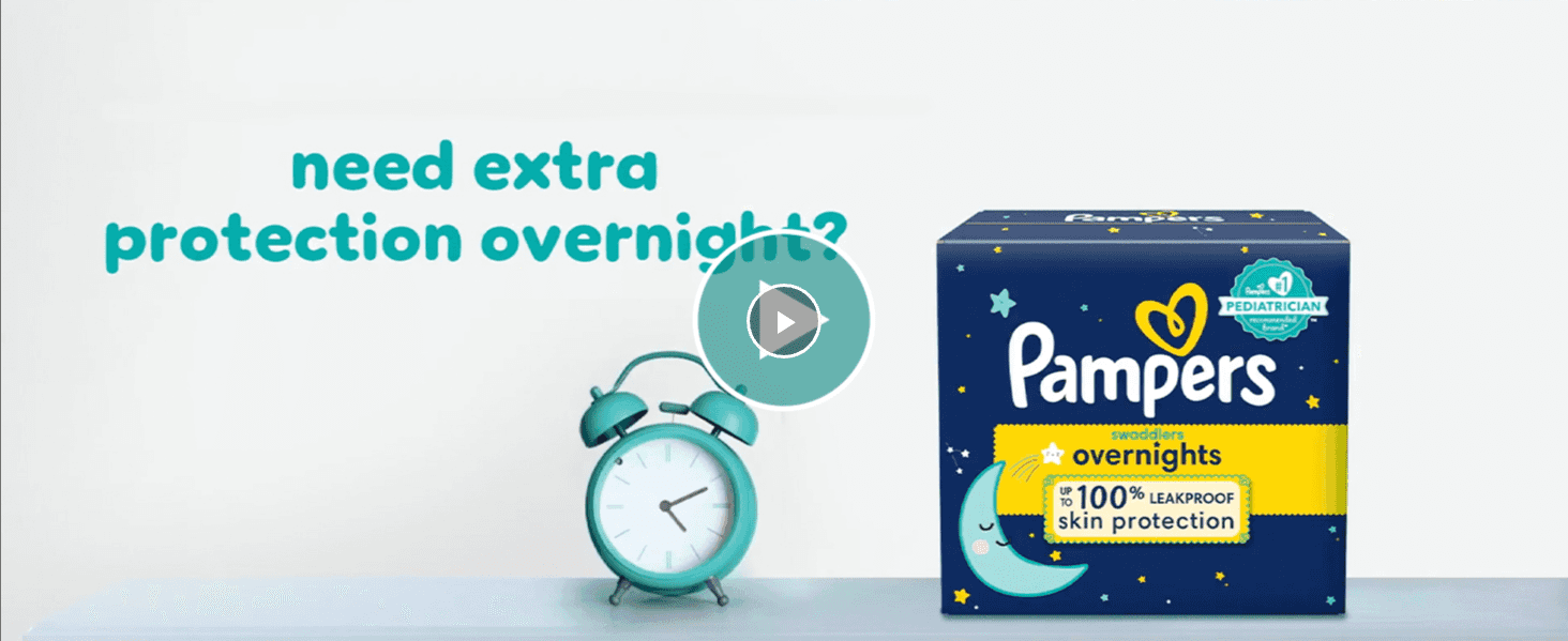 Positions the Overnights diaper as the fix for night-time leaks, with a video to explain it. Shows the Overnights range within the Pampers line so parents can pick the right product.