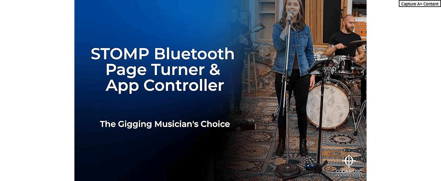 Introduces the STOMP page turner as the gigging musician's choice, building trust through a real band performance.