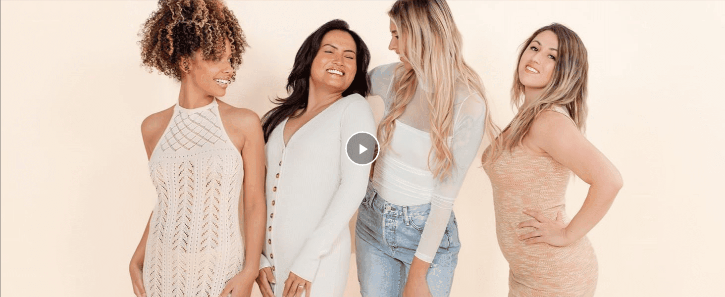 Shows a diverse group of women in everyday outfits to help shoppers relate to and envision wearing the product confidently.