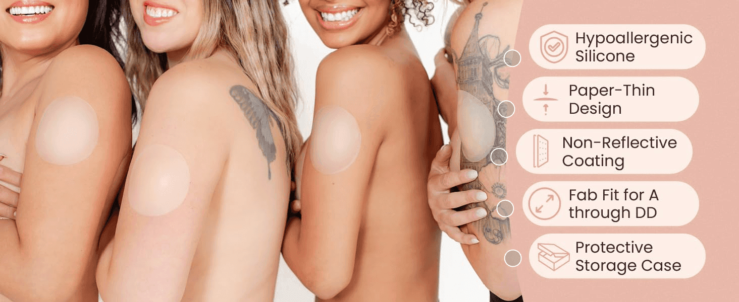 Highlights five distinct product benefits (material, thinness, coating, fit range, storage case) in a segmented callout list over a lifestyle photo.