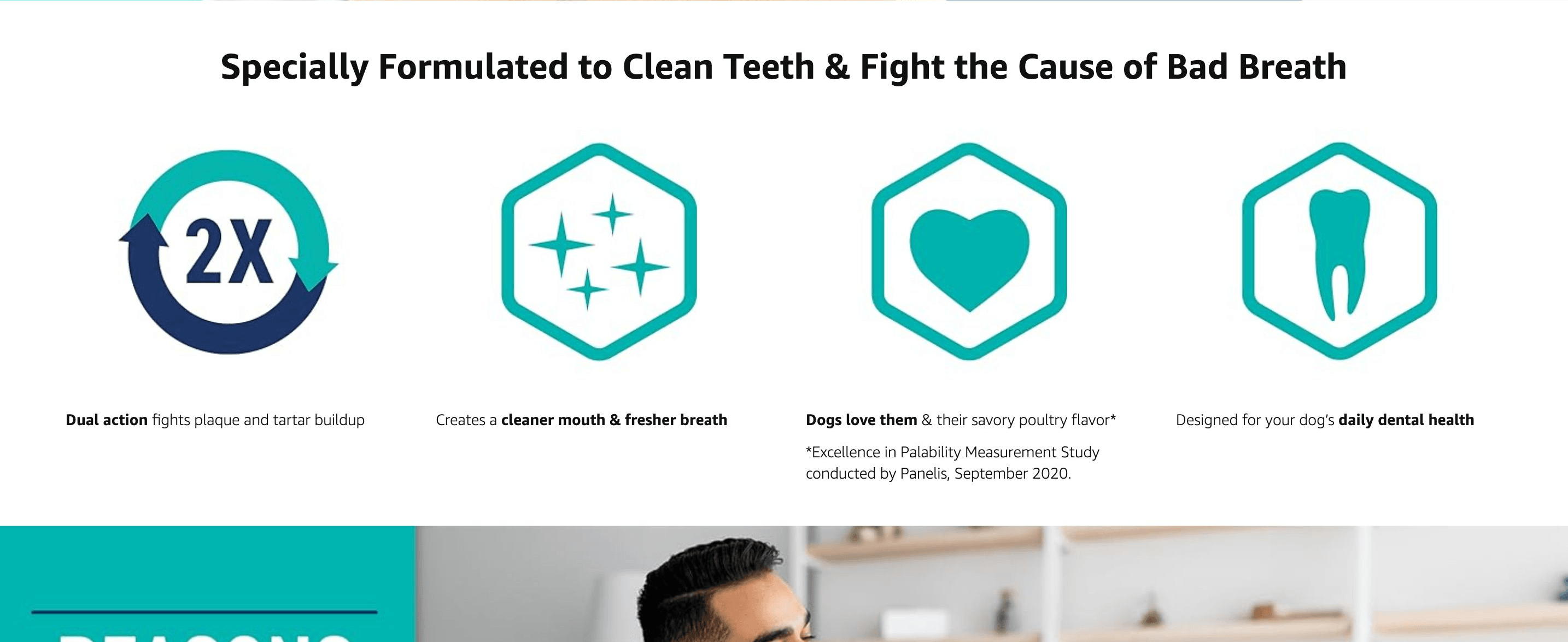 Breaks down four dental health benefits (plaque/tartar fighting, fresher breath, palatability, daily use) in an icon grid to reassure on efficacy.