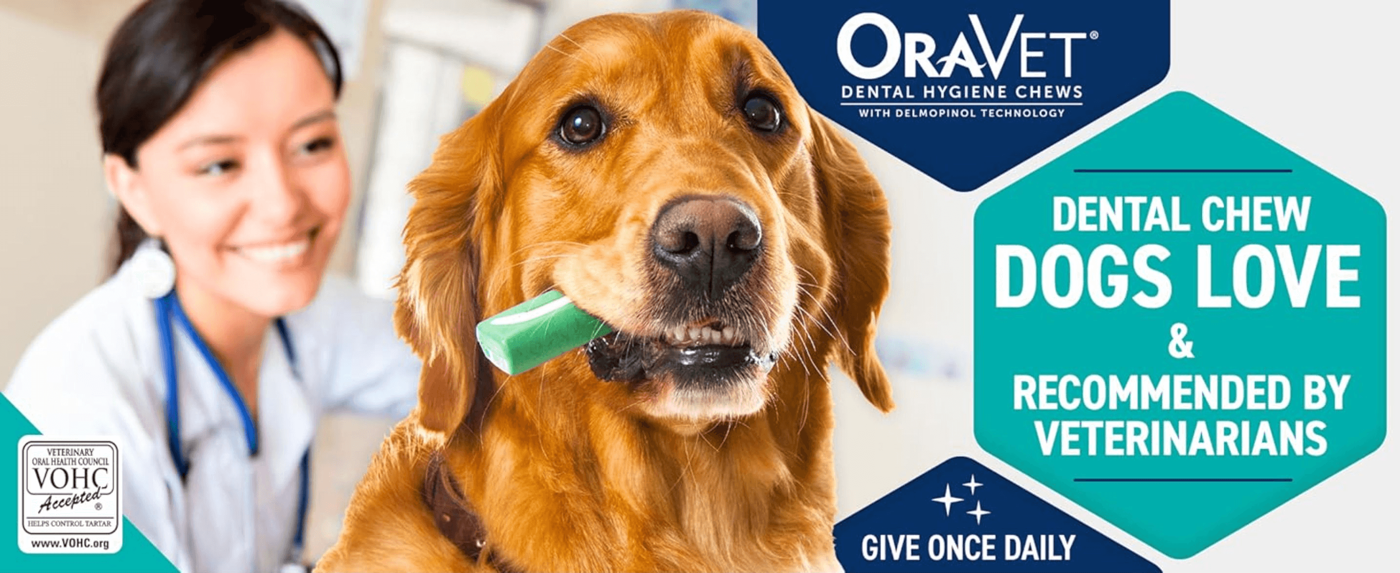 Builds trust by showing a veterinary professional and the VOHC seal, reassuring shoppers the chew is dentist-endorsed and safe. Highlights that dogs enjoy the chew and it should be given once daily,…