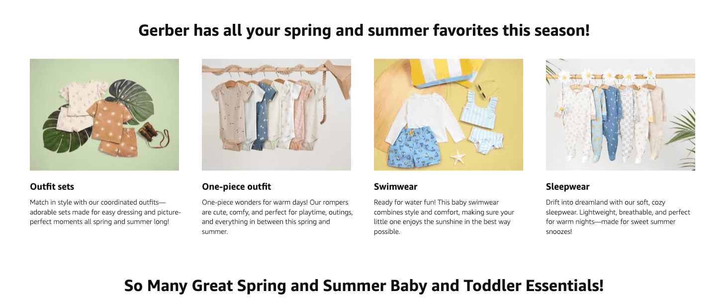 Showcases the brand's spring/summer product categories (outfit sets, one-piece, swimwear, sleepwear) so shoppers can explore the full range.
