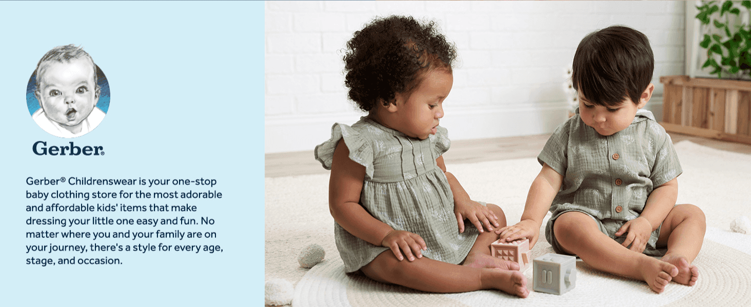 Introduces Gerber Childrenswear as a one-stop, affordable baby clothing brand for every age and stage. Shows two toddlers in Gerber outfits playing together to build an emotional, real-life…