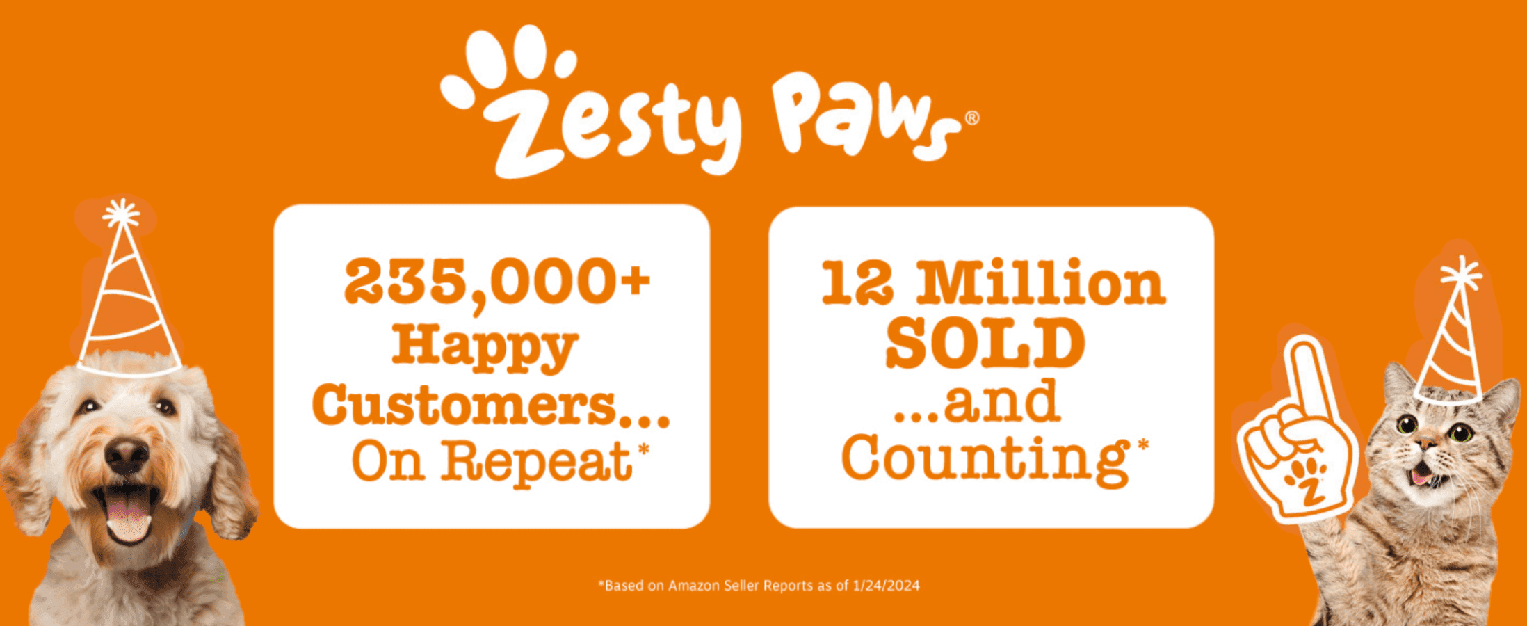 Builds trust by showing the brand's customer base and sales volume, reassuring shoppers that many pet owners buy again. Uses big numbers (235,000+ customers, 12 million sold) as proof of popularity.