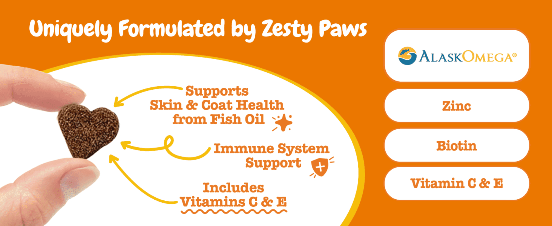 Shows skin and coat, immune and vitamin benefits alongside key ingredients so shoppers see what the chew delivers.