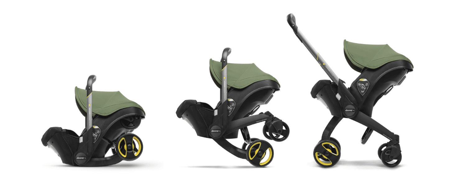 Shows the product's three physical states side by side to demonstrate how easily it converts from car seat to stroller.