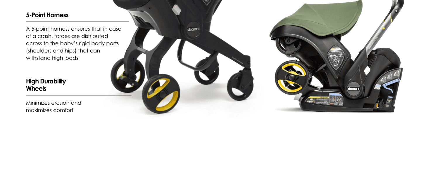Points out the harness and wheel components up close to demonstrate build quality and crash-safety engineering. Highlights two distinct durability and safety benefits side by side to reinforce the…