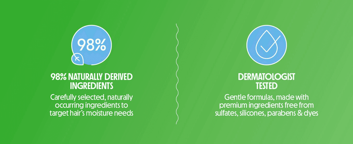 Highlights two key product claims side by side to reassure shoppers of gentle, naturally derived formulation.