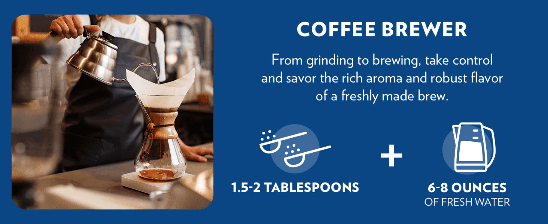Shows how much coffee and water to use, so shoppers feel confident they can brew a good cup at home. Frames brewing as simple and rewarding through one lifestyle scene and one headline.
