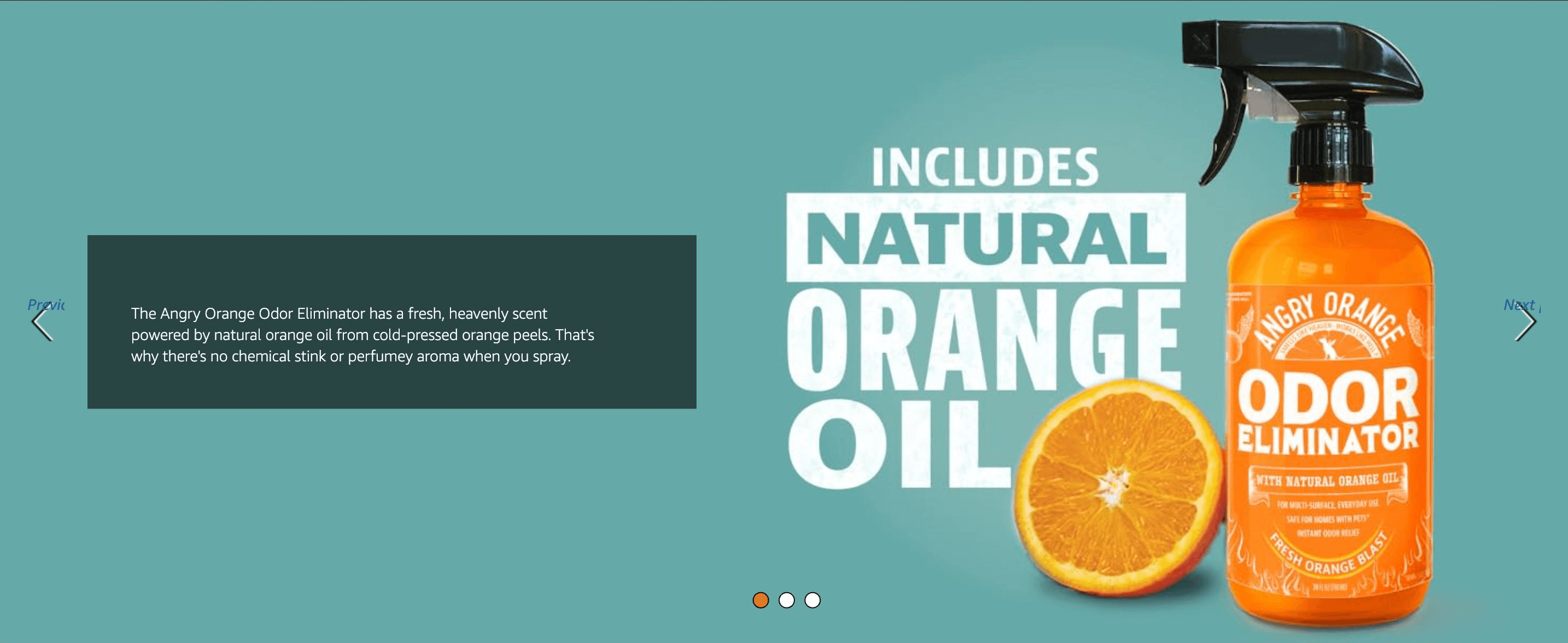 Tells shoppers the spray smells fresh from real orange oil, with no chemical stink or perfume aroma.