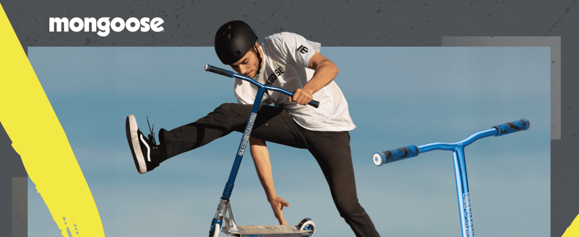 Shows a rider doing a trick to build excitement and show what the scooter is made for. Puts the Mongoose name on an action scene to build brand trust with young riders.