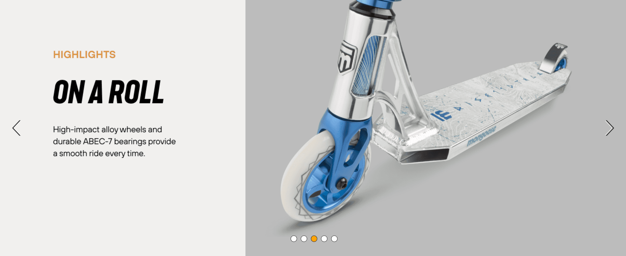 Shows that the alloy wheels and ABEC-7 bearings give a smooth ride, reassuring riders about build quality.