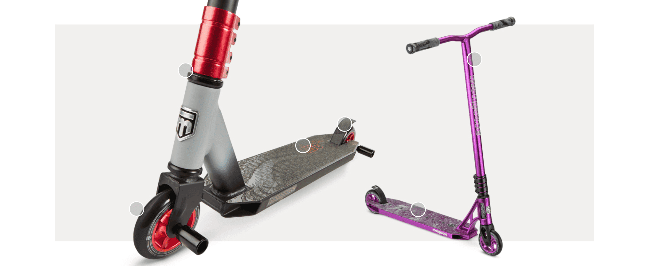 Invites shoppers to explore the scooter's physical components through clickable hotspots on two models.