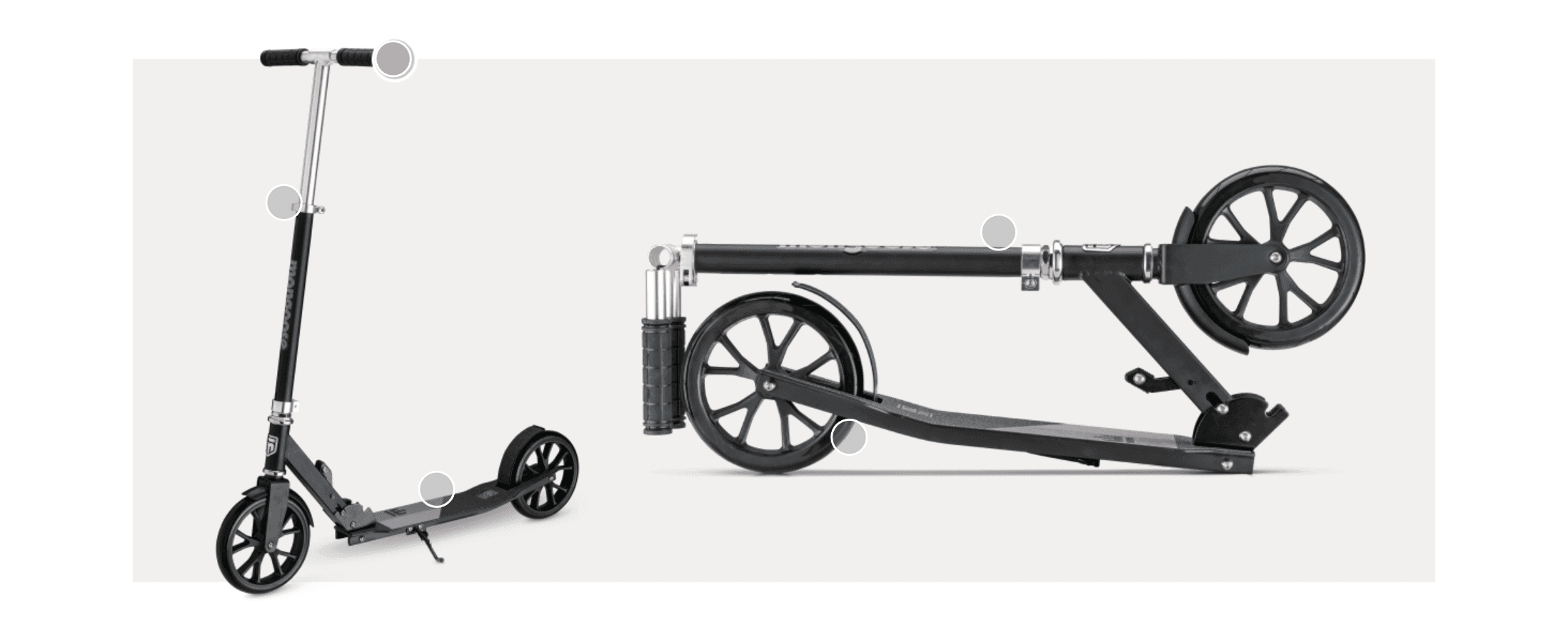 Points out the key physical components of the scooter, including its folding joint and wheels, to show build quality.