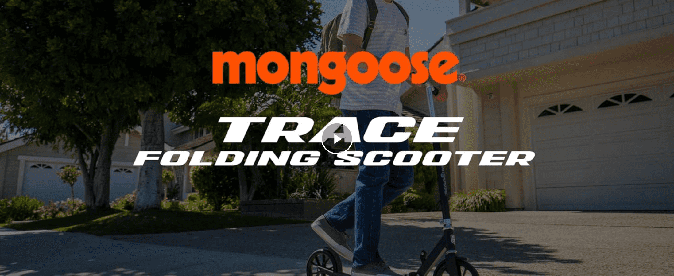 Uses the Mongoose logo and a lifestyle video thumbnail to introduce the Trace Folding Scooter and build brand recognition.
