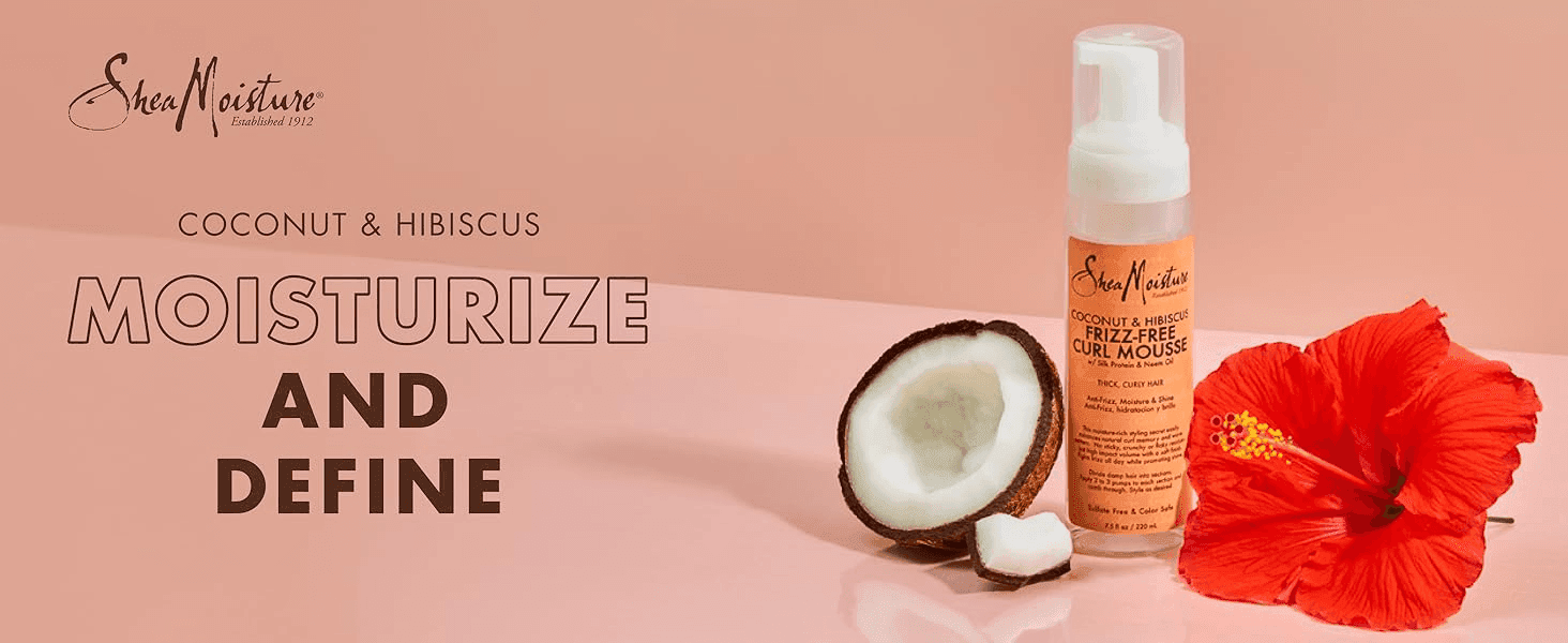 Tells shoppers the curl mousse moisturizes and defines curls, with coconut and hibiscus cues.