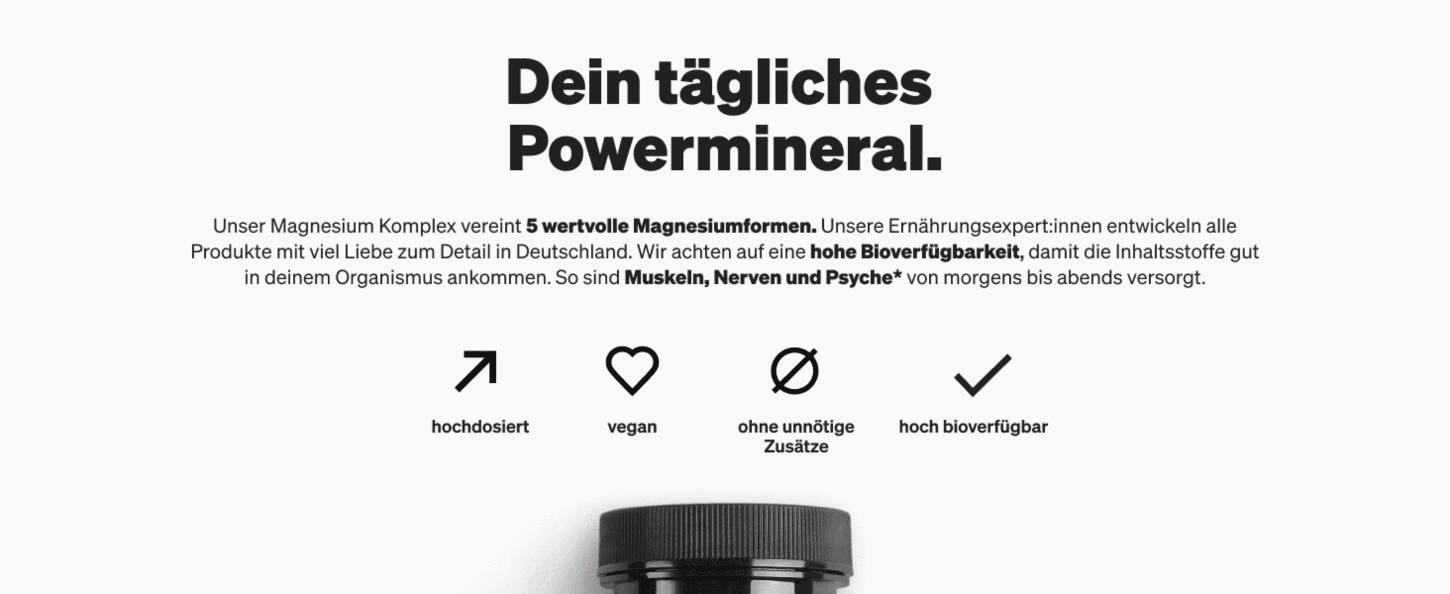 Highlights four distinct product qualities (high dosage, vegan, no unnecessary additives, high bioavailability) to reassure shoppers of overall product quality.