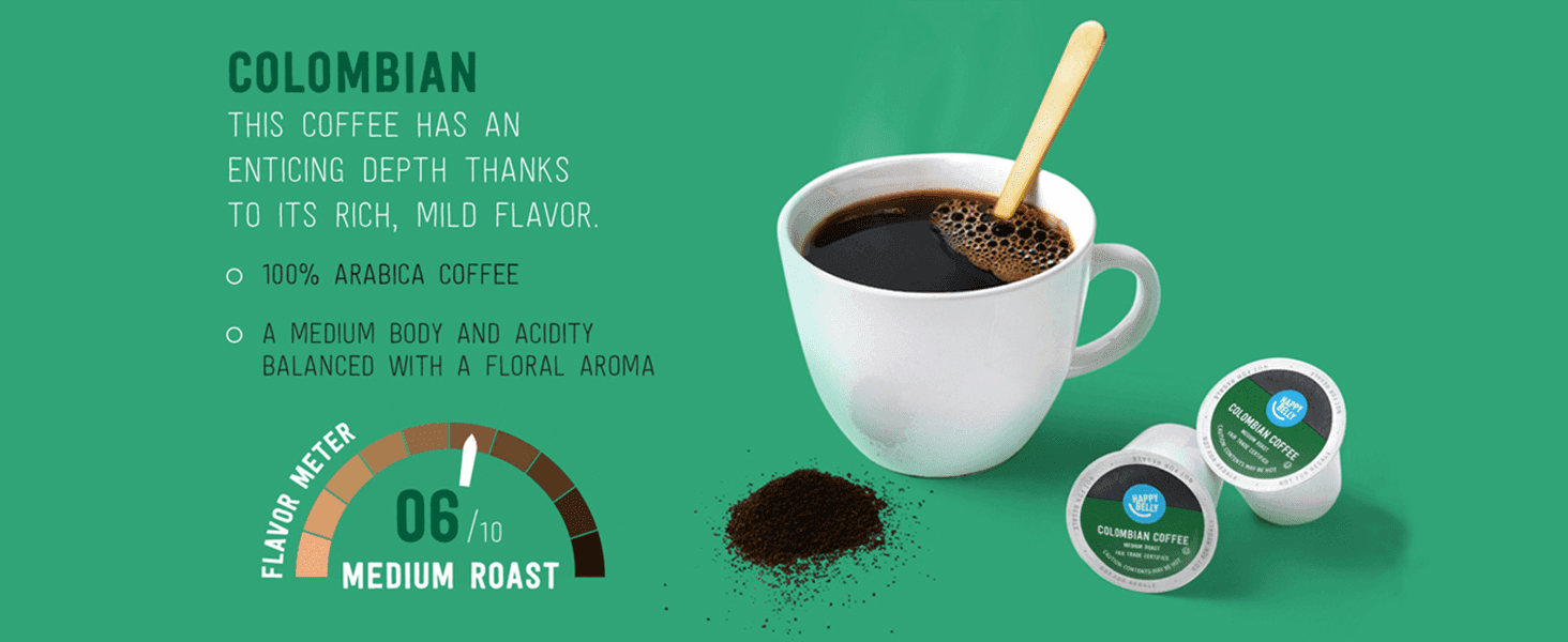 Uses a 06/10 flavor meter to quantify the medium roast intensity so shoppers know what to expect. Describes the Colombian blend's rich, mild flavor and floral aroma to help shoppers choose this roast.