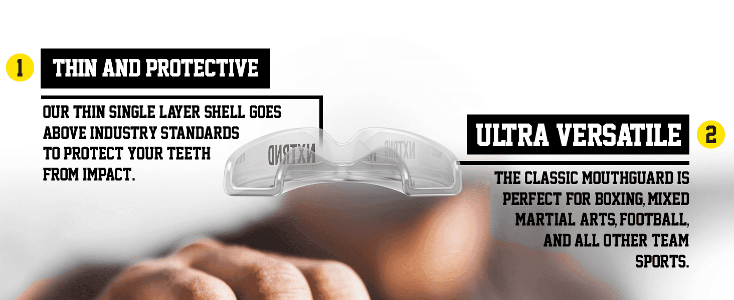Highlights the mouthguard's thin protective shell and its versatility across multiple sports in two segmented callout panels.