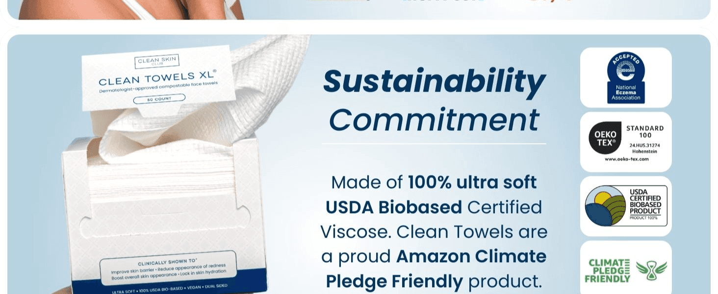 Shows biobased material and Climate Pledge Friendly certifications to reassure eco-conscious shoppers. Presents one clear message, a sustainable ultra soft towel, over a clean product shot.