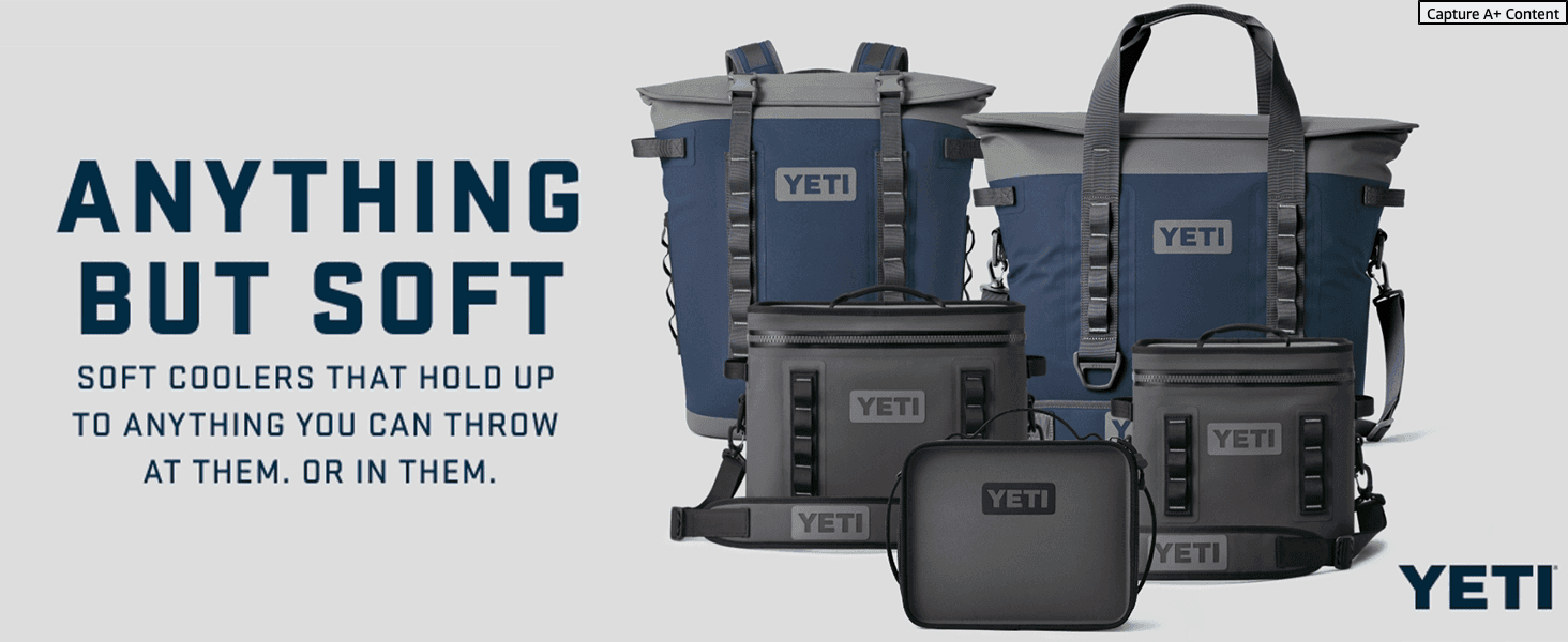 Positions YETI soft coolers as rugged and durable while showcasing the range of sizes and accessories available.
