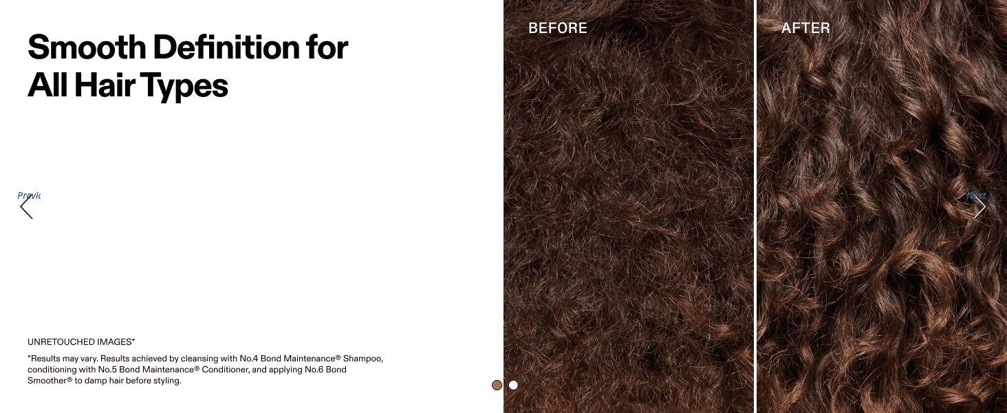 Shows unretouched before and after hair close-ups to prove the smoothing and definition results.