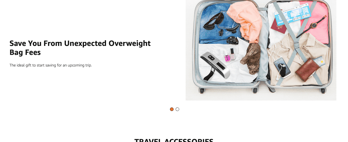 Shows the scale in a packed suitcase to promise savings on overweight bag fees before a trip.