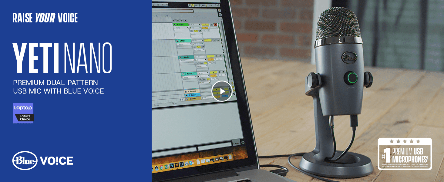 Introduces the Yeti Nano as a premium dual-pattern USB mic with Blue Voice software, reinforced by an Editor's Choice award badge to build early credibility.