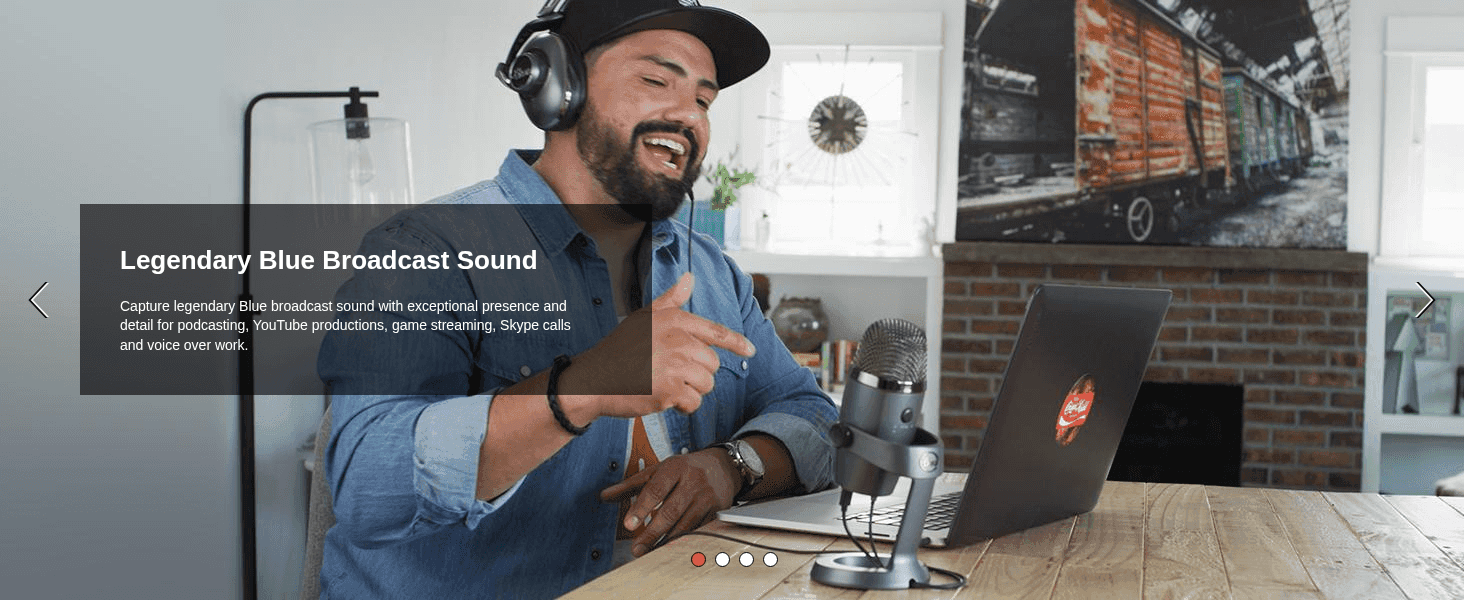 Shows the mic in real use by a content creator to reassure shoppers the microphone delivers professional, legendary Blue broadcast sound for podcasting and streaming.