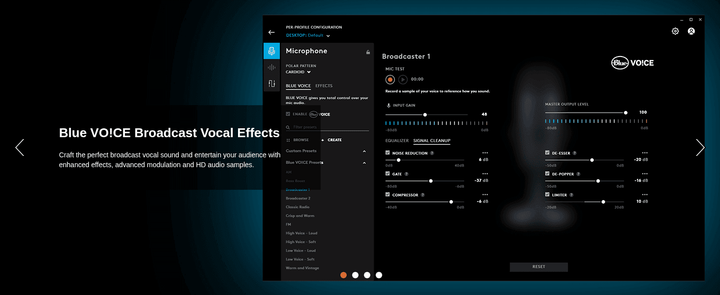 Highlights the included Blue VO!CE software that lets users craft and customize their broadcast vocal sound with effects and presets.