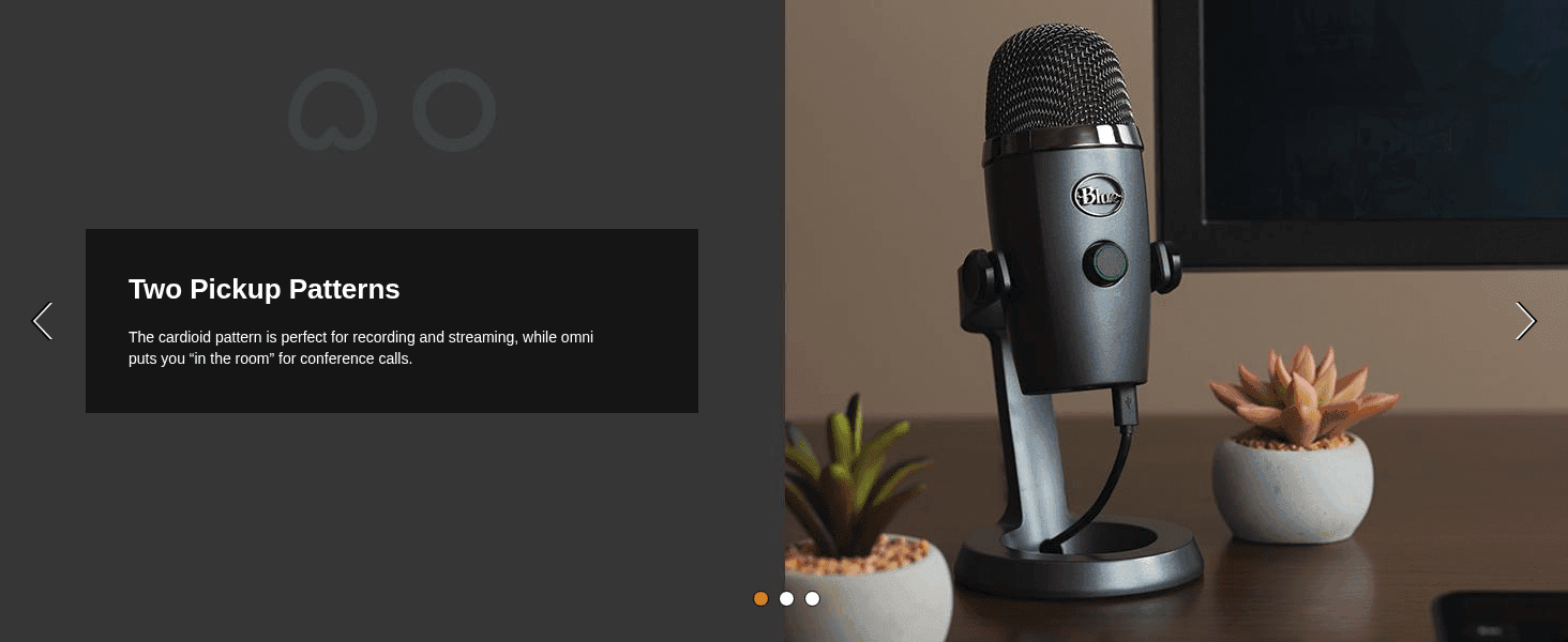 Explains that the mic offers cardioid and omni pickup patterns, letting users choose between focused recording and room-filling conference audio.