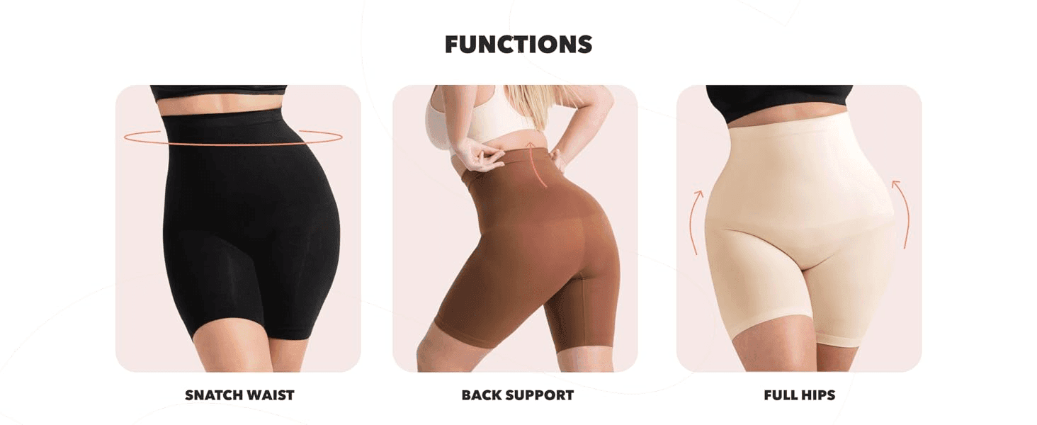 Highlights three distinct shaping benefits of the garment in a segmented panel layout so shoppers can see exactly what the product does for their body.