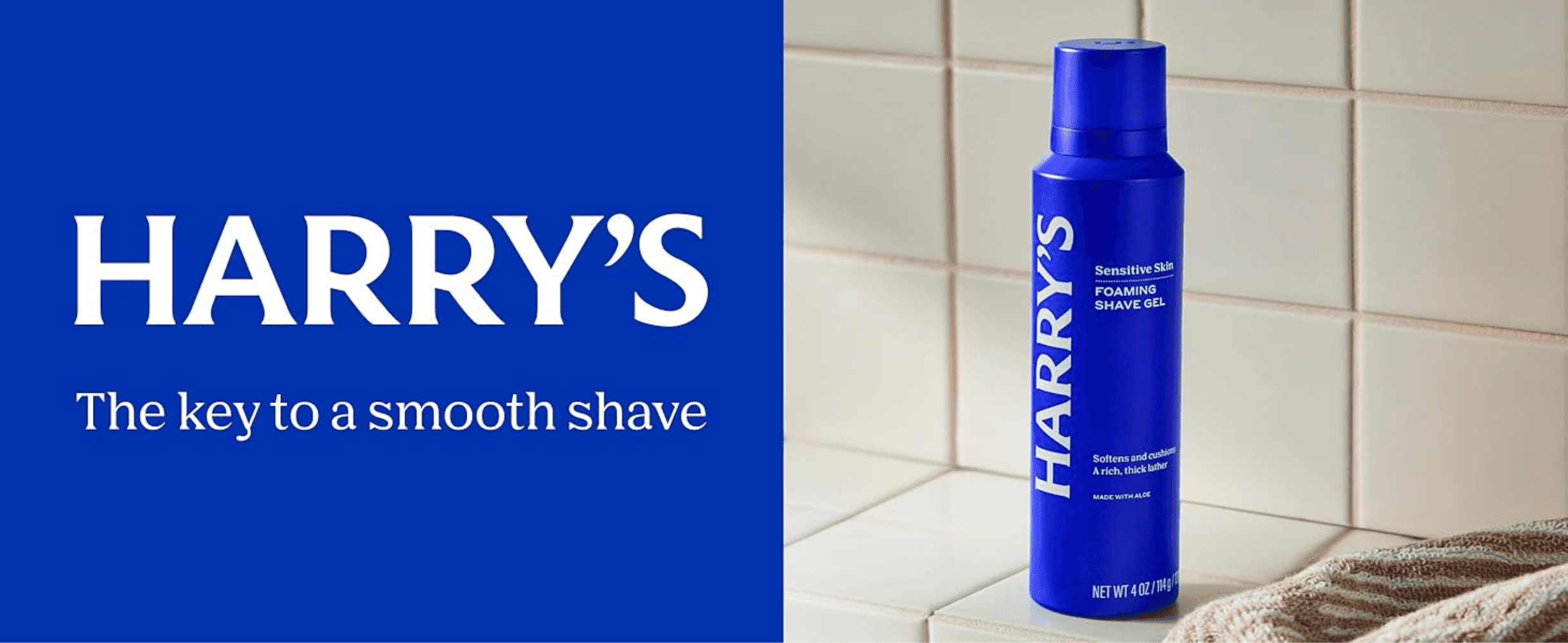 Introduces the Harry's brand and its smooth-shave promise beside the product to build recognition and trust.