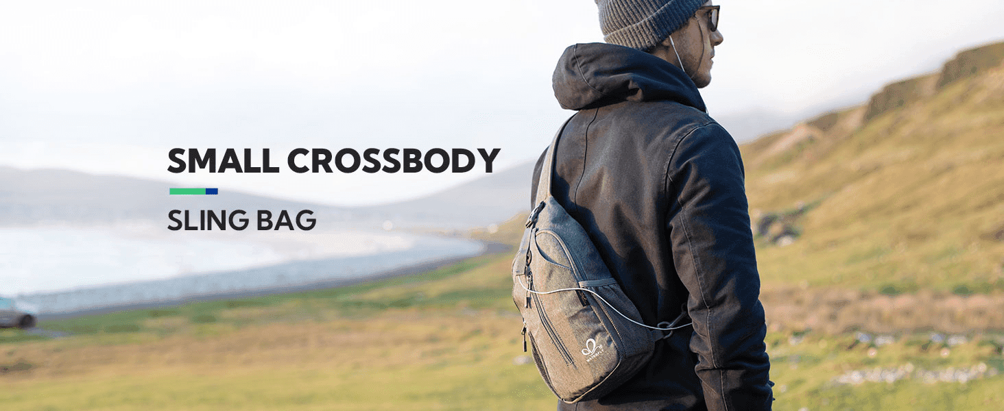 Introduces the small crossbody sling bag worn outdoors, so shoppers picture it on a hike or trip.