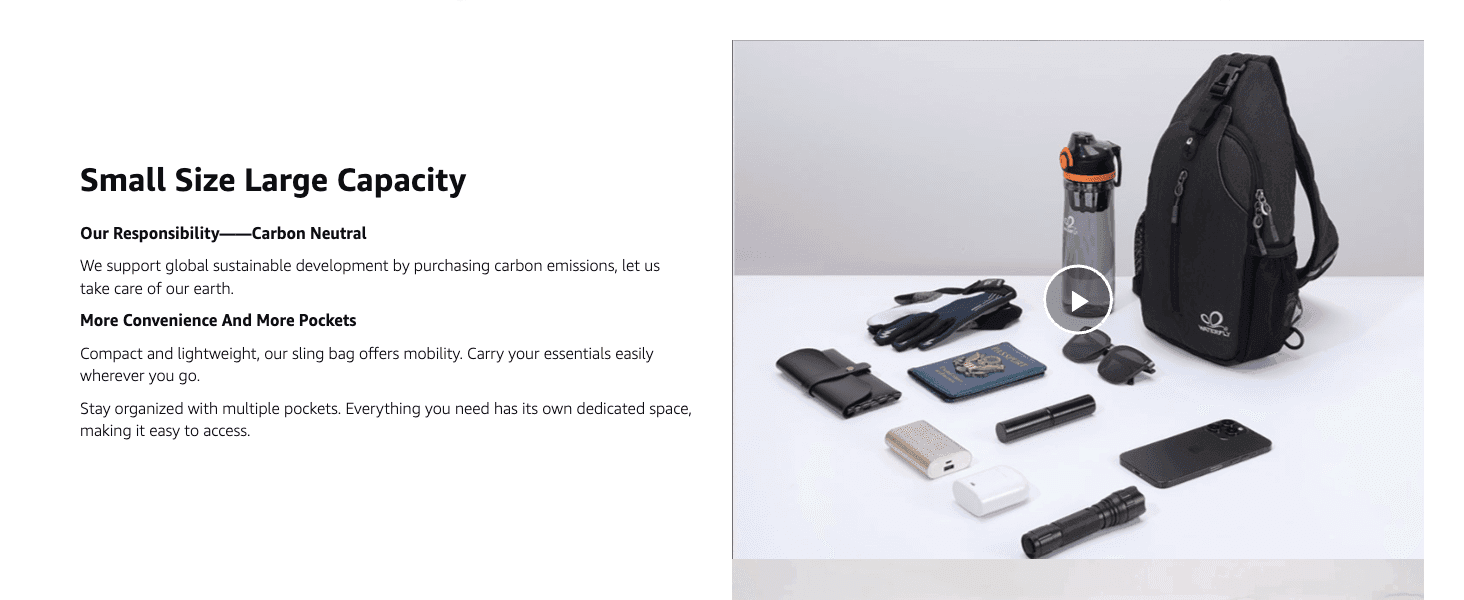 Shows the bag holds many everyday items despite its small size, with a carbon-neutral note for reassurance.