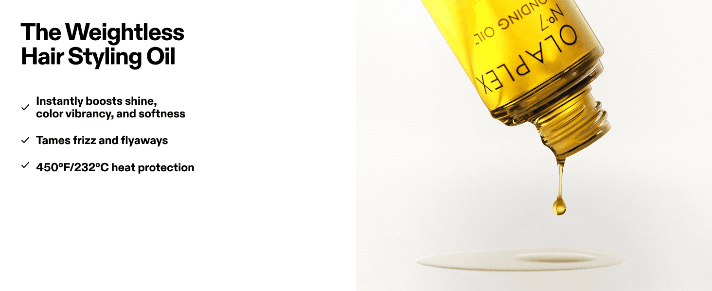 Lists three distinct benefits of the styling oil via checkmarked bullets to show shoppers its range of hair-care advantages.