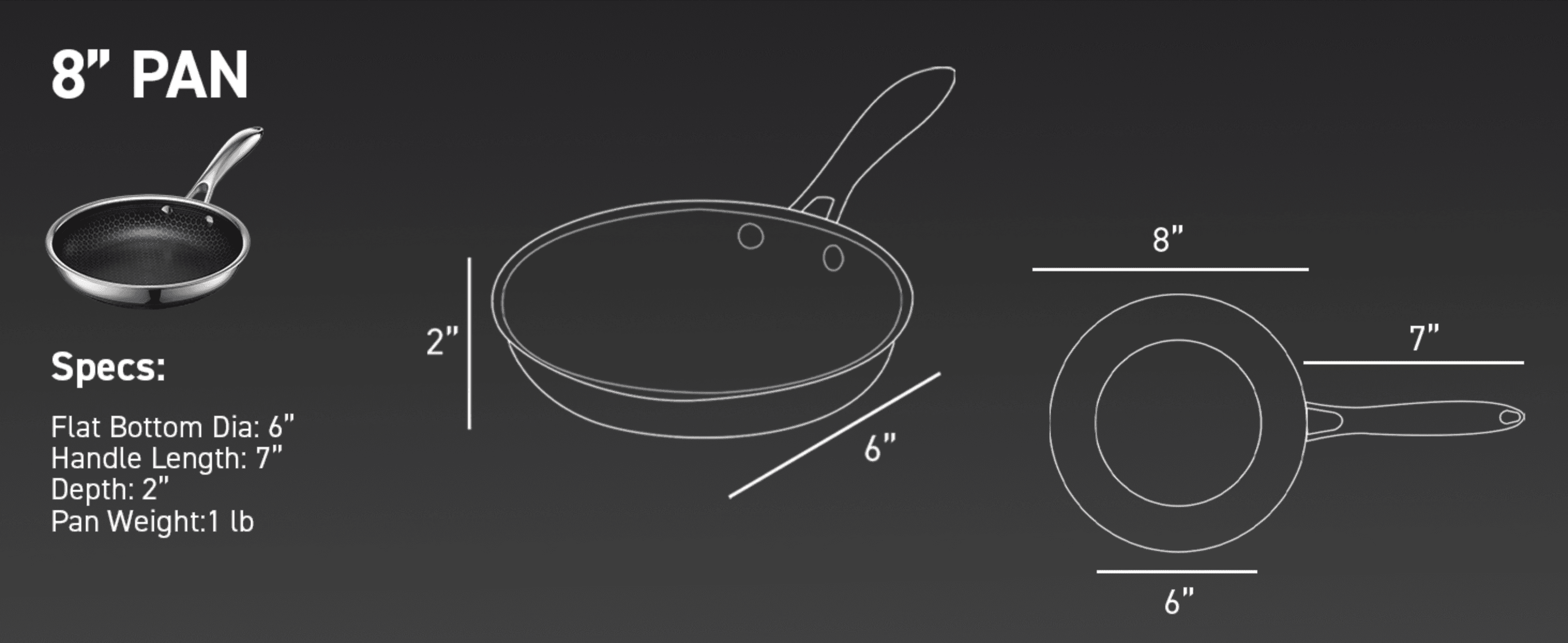 Shows the exact physical dimensions and weight of the 8-inch pan using labeled measurement lines.