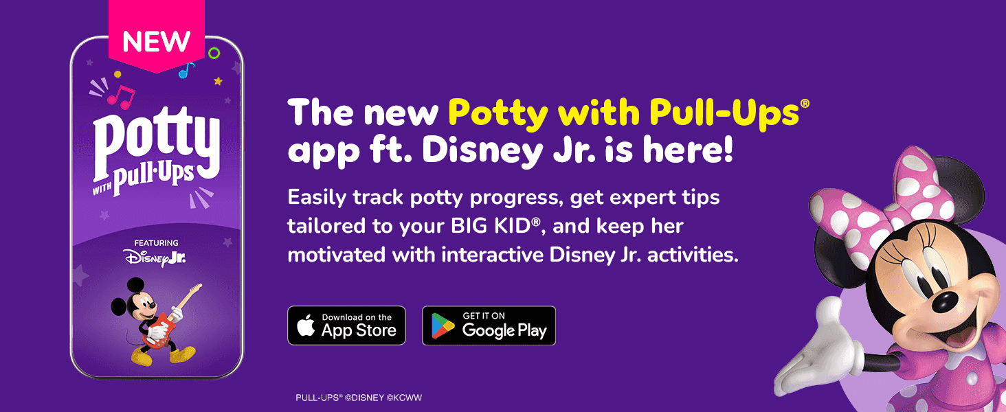 Promotes the free Potty with Pull-Ups app featuring Disney Jr. to reassure parents that tracking progress and keeping kids motivated is easy.