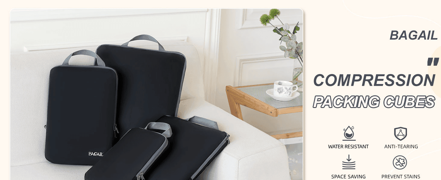 Introduces the packing cubes with four icon-led benefits such as water resistance and space saving.