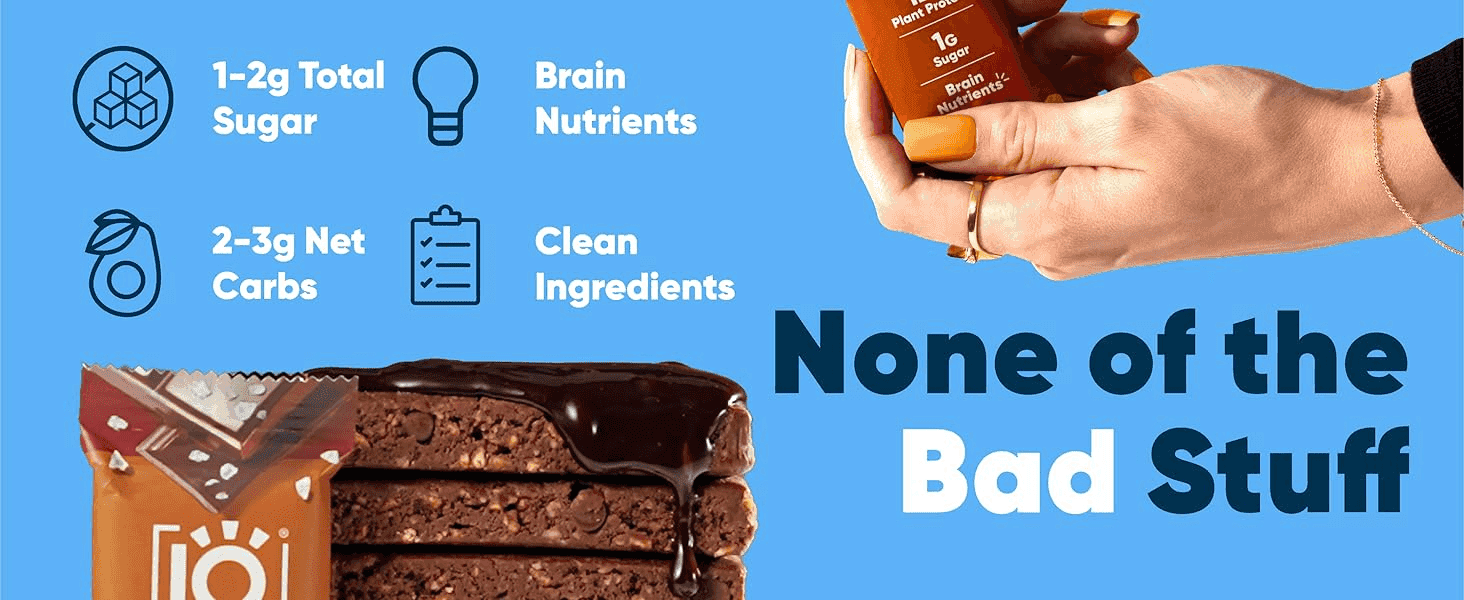 Lists low sugar, low net carbs, brain nutrients and clean ingredients to reassure health-conscious shoppers.
