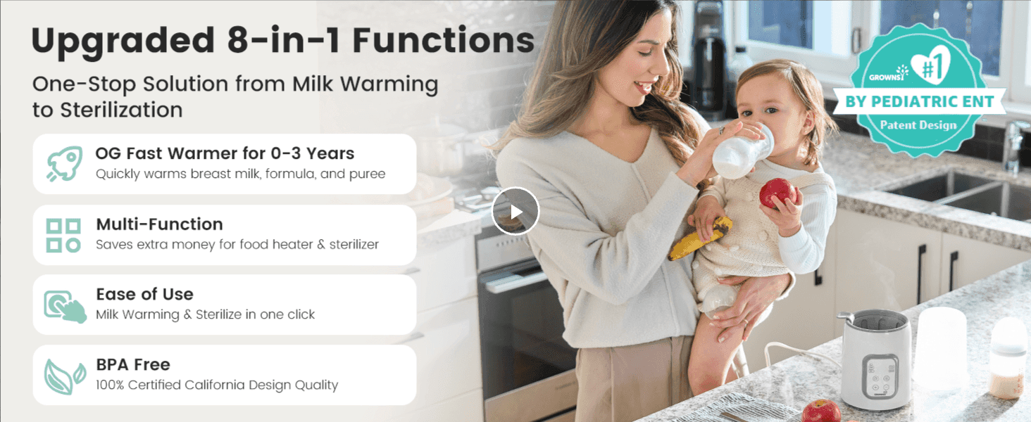 Highlights four distinct benefits (fast warming, multi-function, ease of use, BPA-free) alongside a lifestyle scene to reassure parents of the product's versatility and safety.